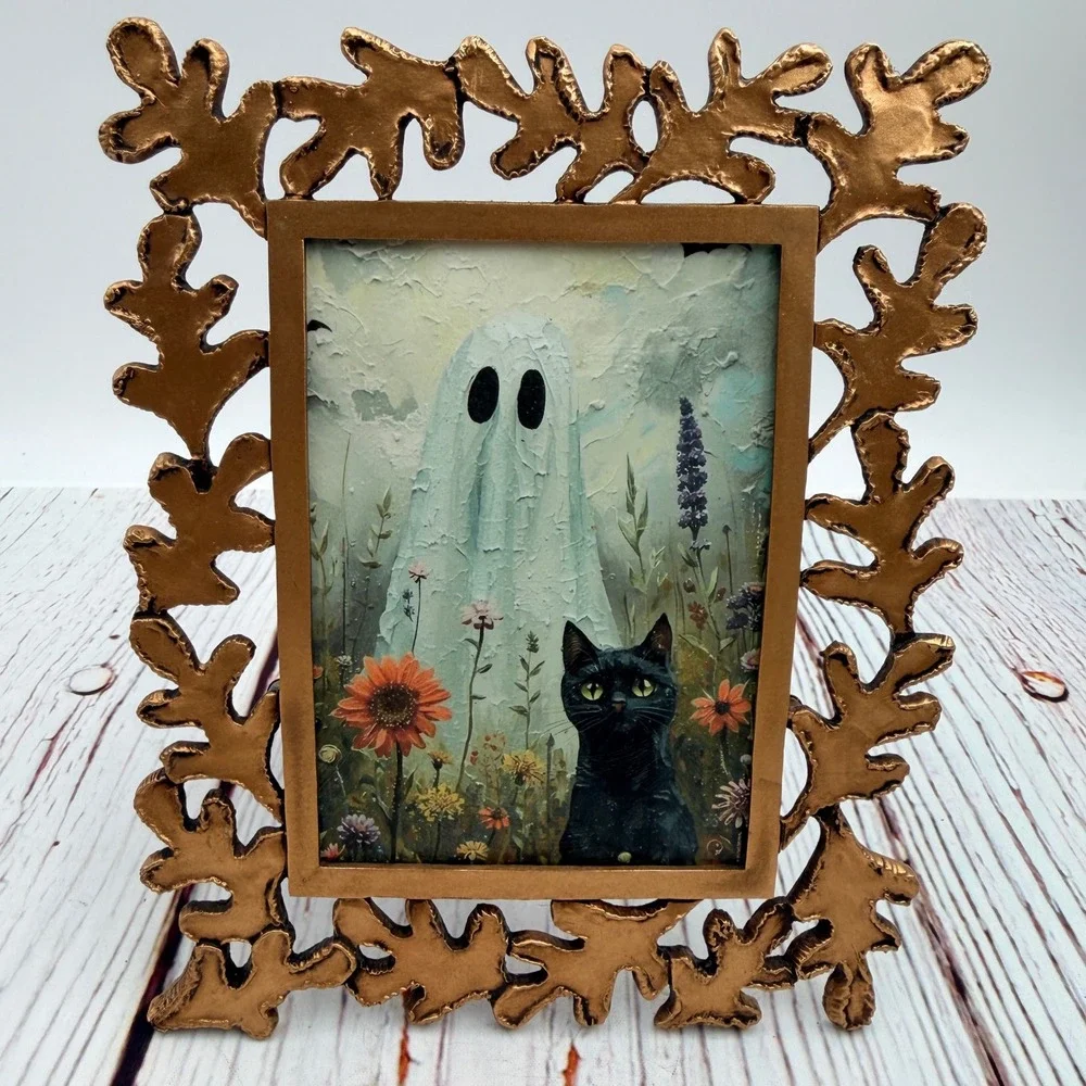 Ghost and Black Cat Decoupage Art in Gold Ornate Branch Frame Halloween Decor